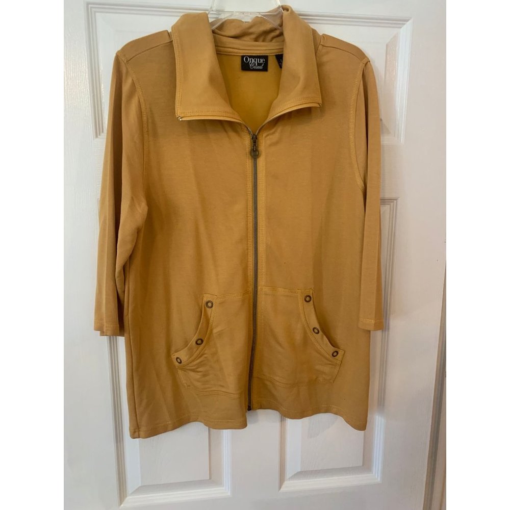 Onque Casuals Brown 3/4 Sleeve Collared Zip Up Sweater Large